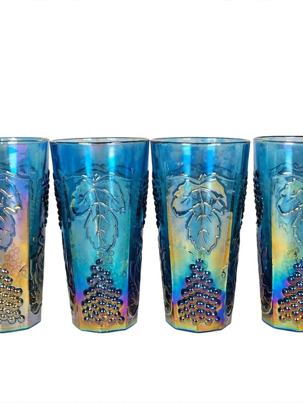 Vintage Indiana Glass Blue Carnival Glass - Harvest Grape Pitcher + 6 Tumblers -